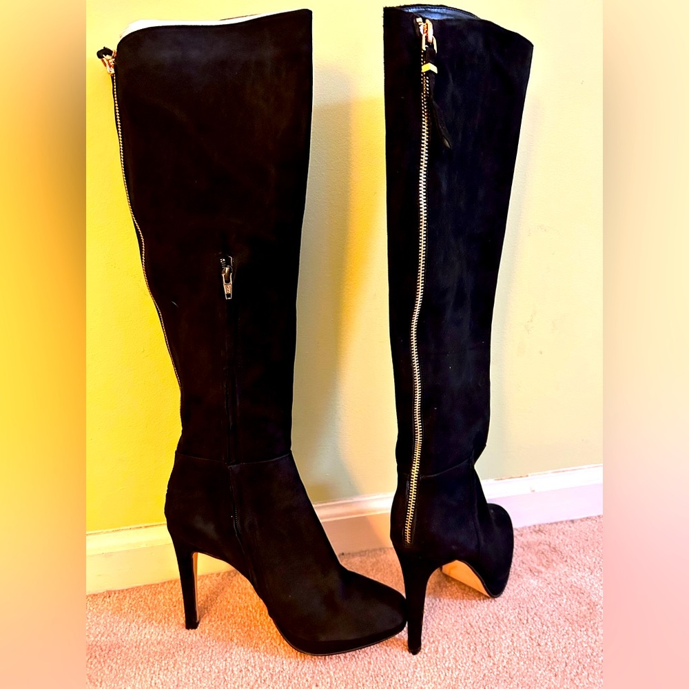 Tall Dark & Gorgeous Black soft Suede Boots with gold back zipper